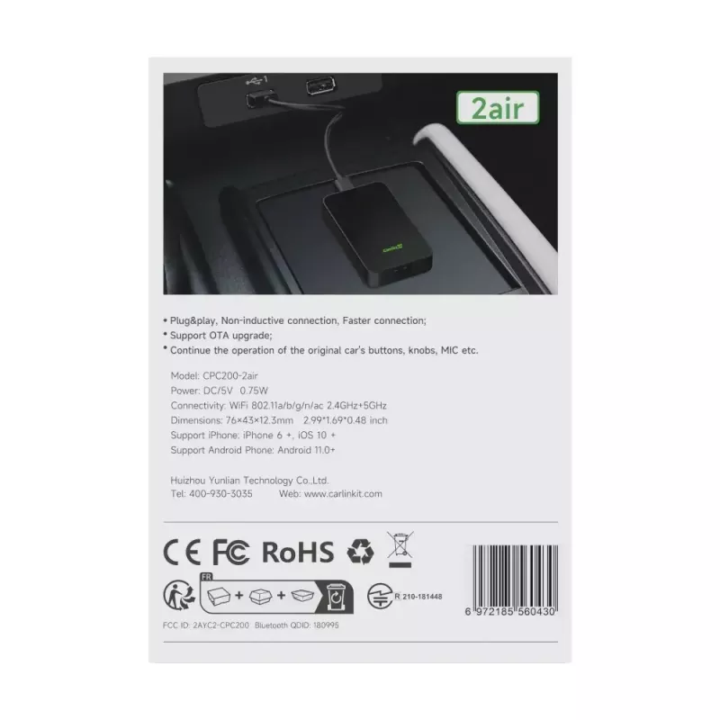 Car-Media prijímač Carlinkit CPC200-2AIR čierny Wi‑Fi 5 GHz / 2,4 GHz, Bluetooth 4.1, USB‑C
