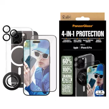 PanzerGlass ® 4-in-1 ochranný balík iPhone 16 Pro, Apple, Apple - iPhone 16 Pro, suchá aplikácia, odolná proti poškriabaniu, odolná proti nárazu, transparentná, 1 ks