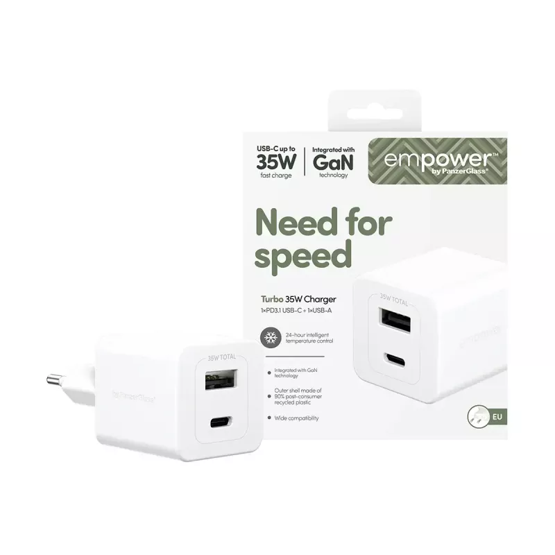 PanzerGlass empower™ by ® Turbo 35W nabíjačka vrátane USB-C + USB-A | EU Plug | Silver White