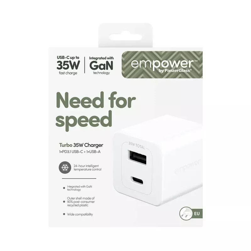 PanzerGlass empower™ by ® Turbo 35W nabíjačka vrátane USB-C + USB-A | EU Plug | Silver White