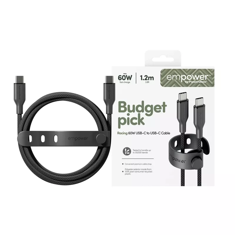 PanzerGlass empower™ by ® Racing 60W USB-C na USB-C kábel | USB 2.0 | 1,2 m | Space Black