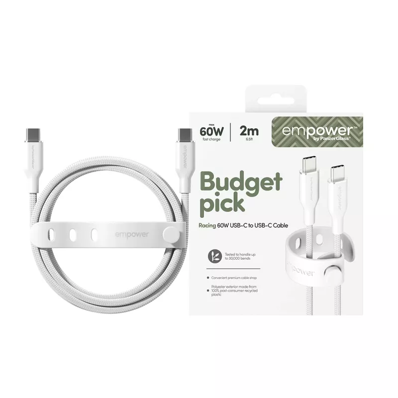 PanzerGlass empower™ by ® Racing 60W USB-C na USB-C kábel | USB 2.0 | 2 m | strieborno-biela