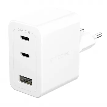 PanzerGlass empower™ by ® Turbo 70W viacnásobná nabíjačka vrátane 2 x USB-C + USB-A | EU Plug | Silver White