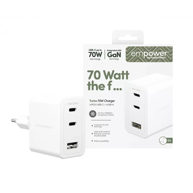 PanzerGlass empower™ by ® Turbo 70W viacnásobná nabíjačka vrátane 2 x USB-C + USB-A | EU Plug | Silver White