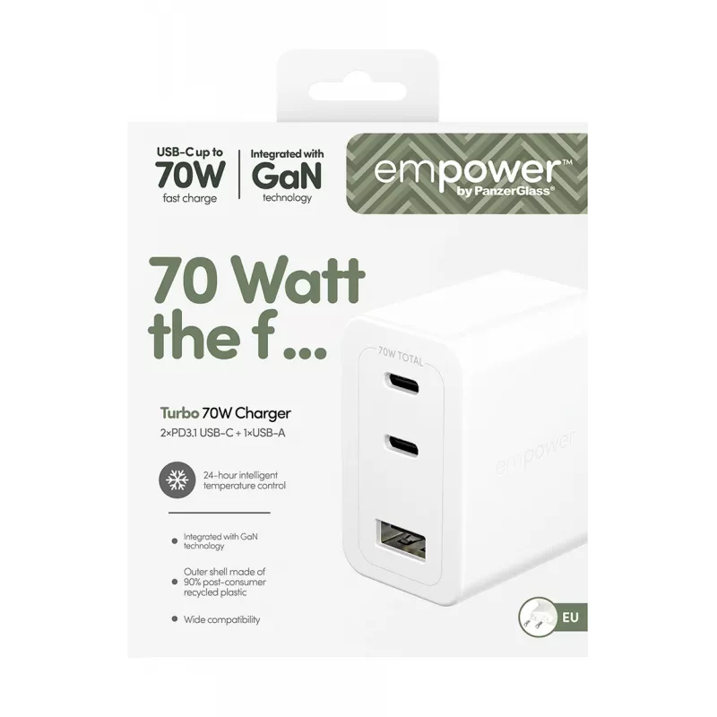 PanzerGlass empower™ by ® Turbo 70W viacnásobná nabíjačka vrátane 2 x USB-C + USB-A | EU Plug | Silver White