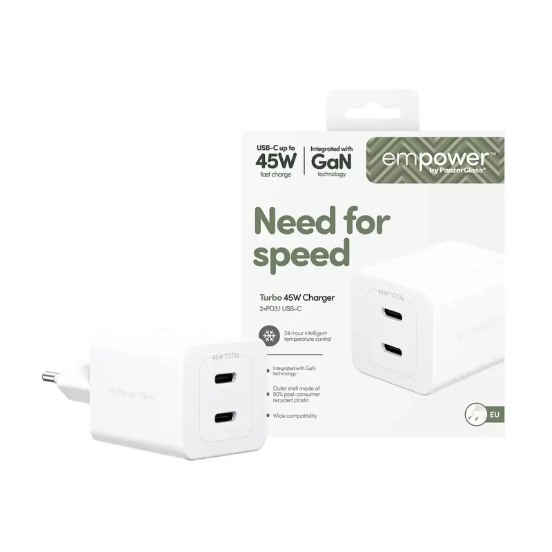 PanzerGlass empower™ by ® Turbo 45W nabíjačka vrátane 2 x USB-C | EU Plug | Silver White