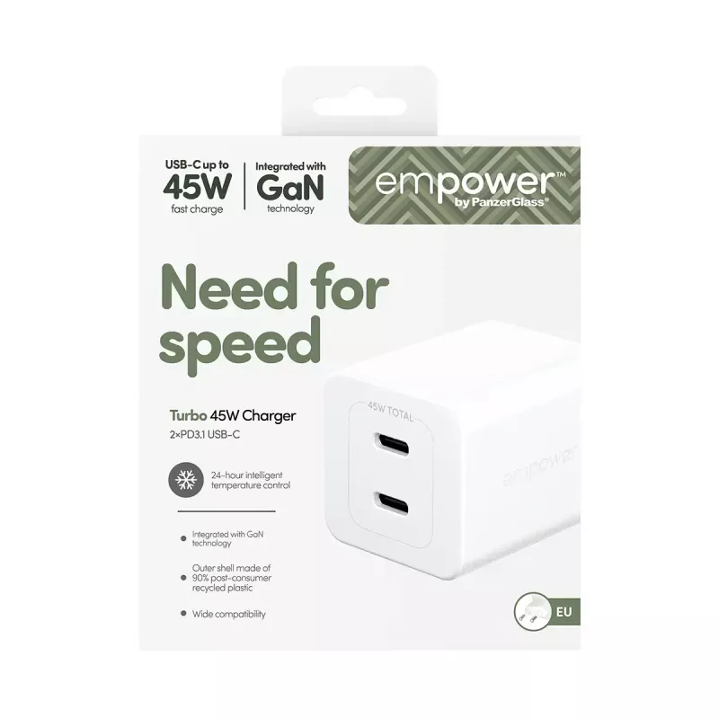 PanzerGlass empower™ by ® Turbo 45W nabíjačka vrátane 2 x USB-C | EU Plug | Silver White