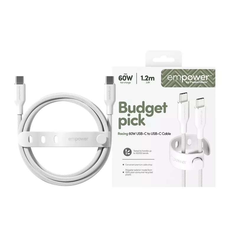 PanzerGlass empower™ by ® Racing 60W USB-C na USB-C kábel | USB 2.0 | 1,2 m | strieborno-biela