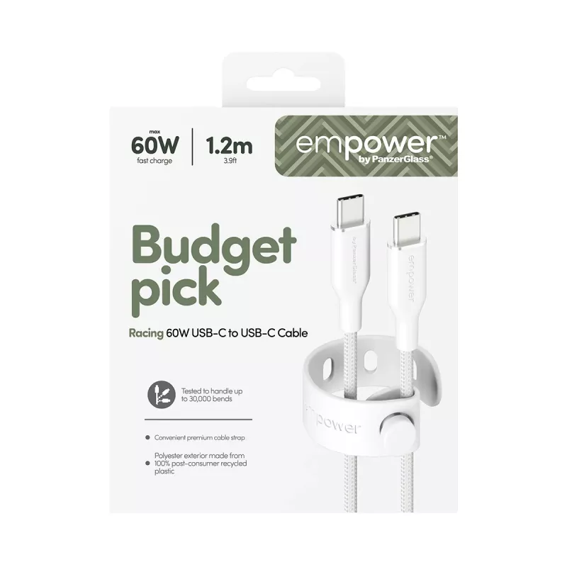 PanzerGlass empower™ by ® Racing 60W USB-C na USB-C kábel | USB 2.0 | 1,2 m | strieborno-biela