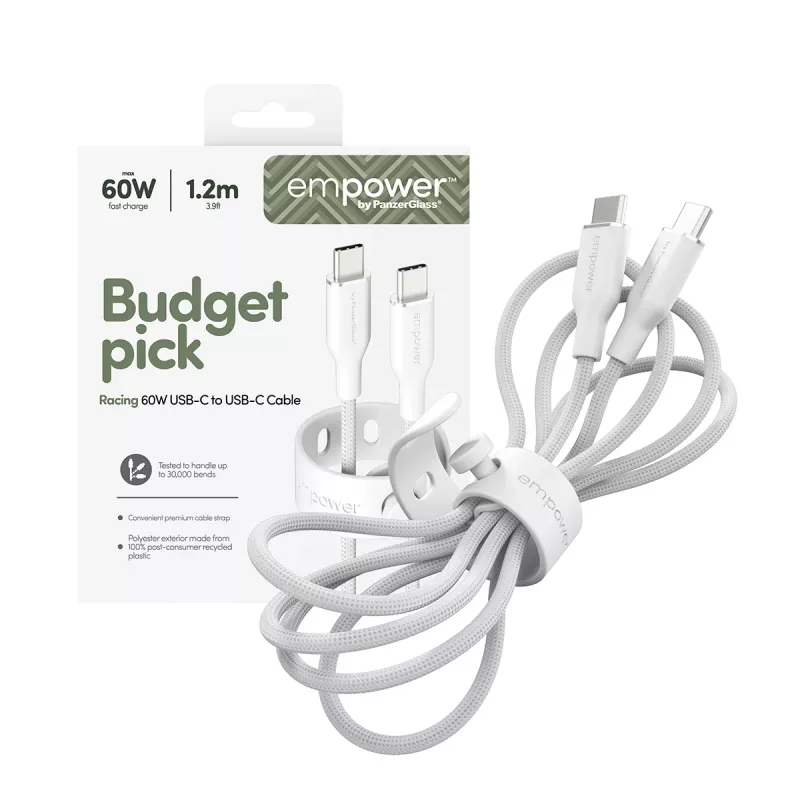 PanzerGlass empower™ by ® Racing 60W USB-C na USB-C kábel | USB 2.0 | 1,2 m | strieborno-biela