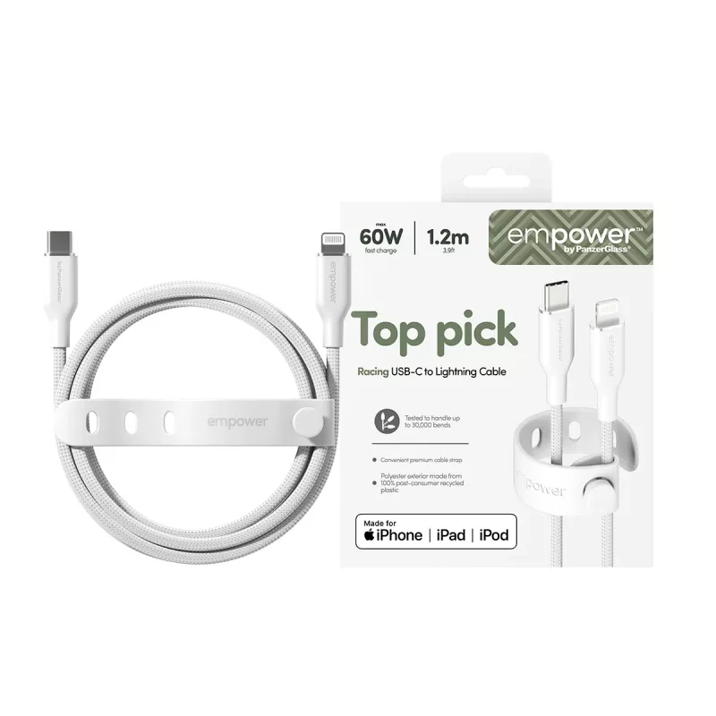 PanzerGlass empower™ by ® Racing 60W USB-C na Lightning kábel | USB 2.0 | 1,2 m | strieborno-biela
