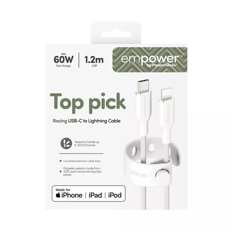 PanzerGlass empower™ by ® Racing 60W USB-C na Lightning kábel | USB 2.0 | 1,2 m | strieborno-biela