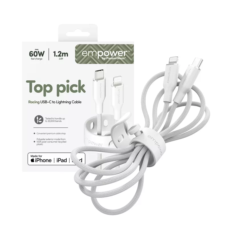 PanzerGlass empower™ by ® Racing 60W USB-C na Lightning kábel | USB 2.0 | 1,2 m | strieborno-biela