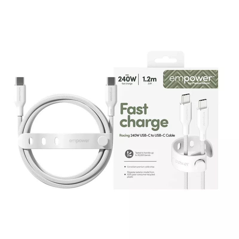 PanzerGlass empower™ by ® Racing 240W USB-C na USB-C kábel | USB 2.0 | 1,2 m | strieborno-biela