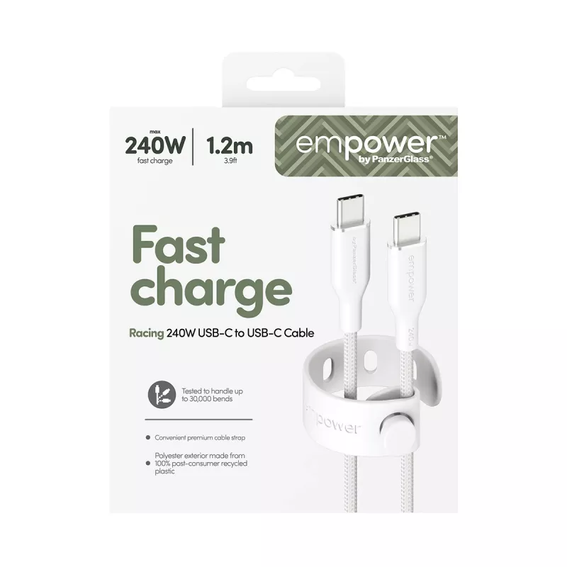 PanzerGlass empower™ by ® Racing 240W USB-C na USB-C kábel | USB 2.0 | 1,2 m | strieborno-biela