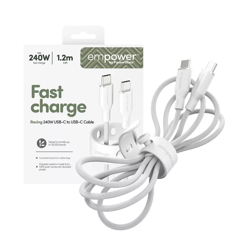 PanzerGlass empower™ by ® Racing 240W USB-C na USB-C kábel | USB 2.0 | 1,2 m | strieborno-biela
