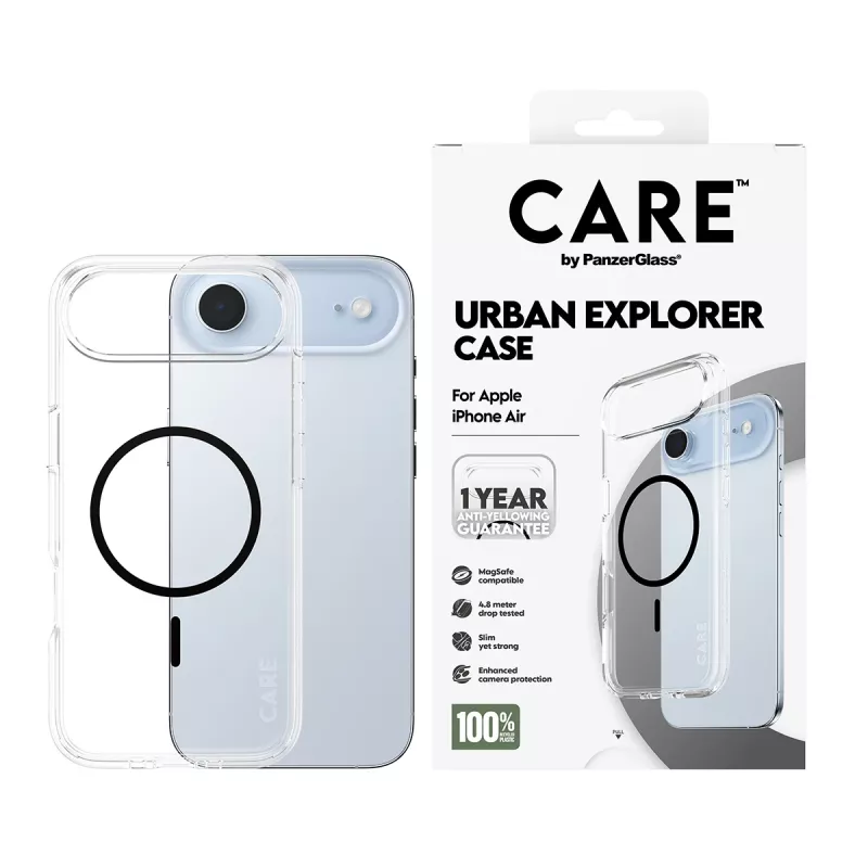 PanzerGlass CARE by Flagship Case kryt na iPhone Air, priehľadný Urban Explorer s čiernym MagSafe