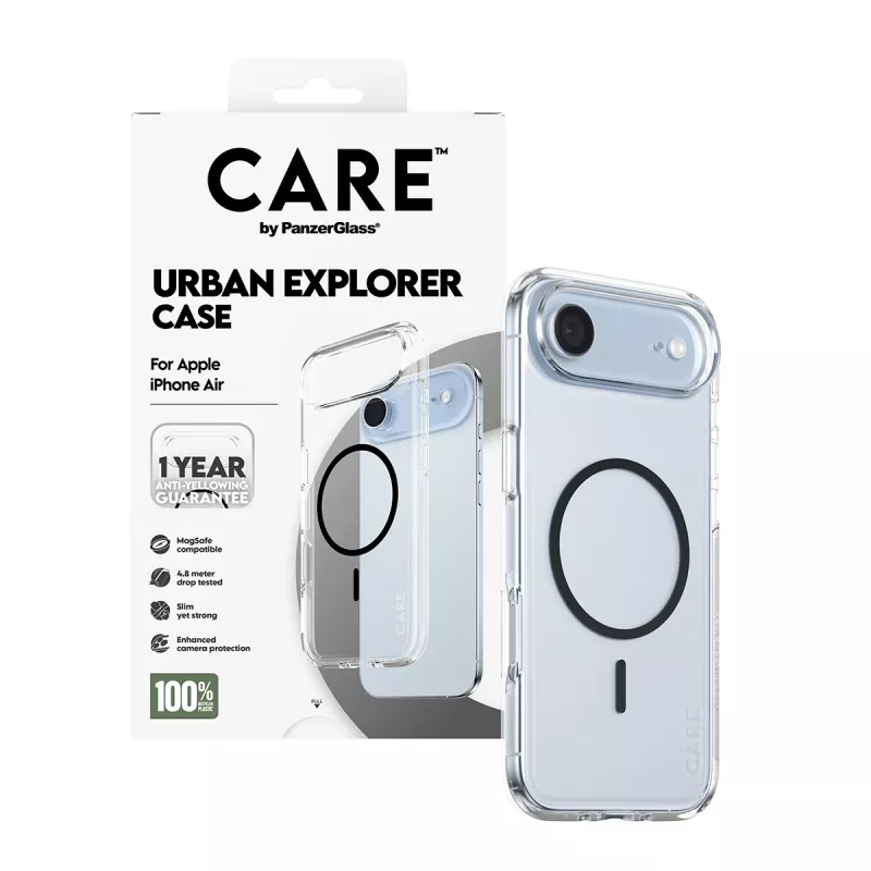 PanzerGlass CARE by Flagship Case kryt na iPhone Air, priehľadný Urban Explorer s čiernym MagSafe