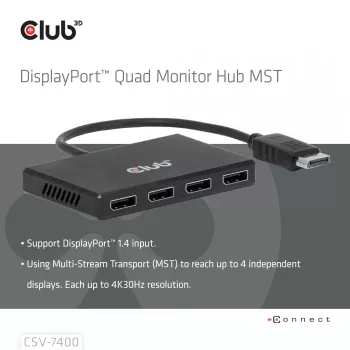 CLUB3D Quad DisplayPort™ hub – 4 x 4K rozlíšenie @ 30Hz, podpora MST