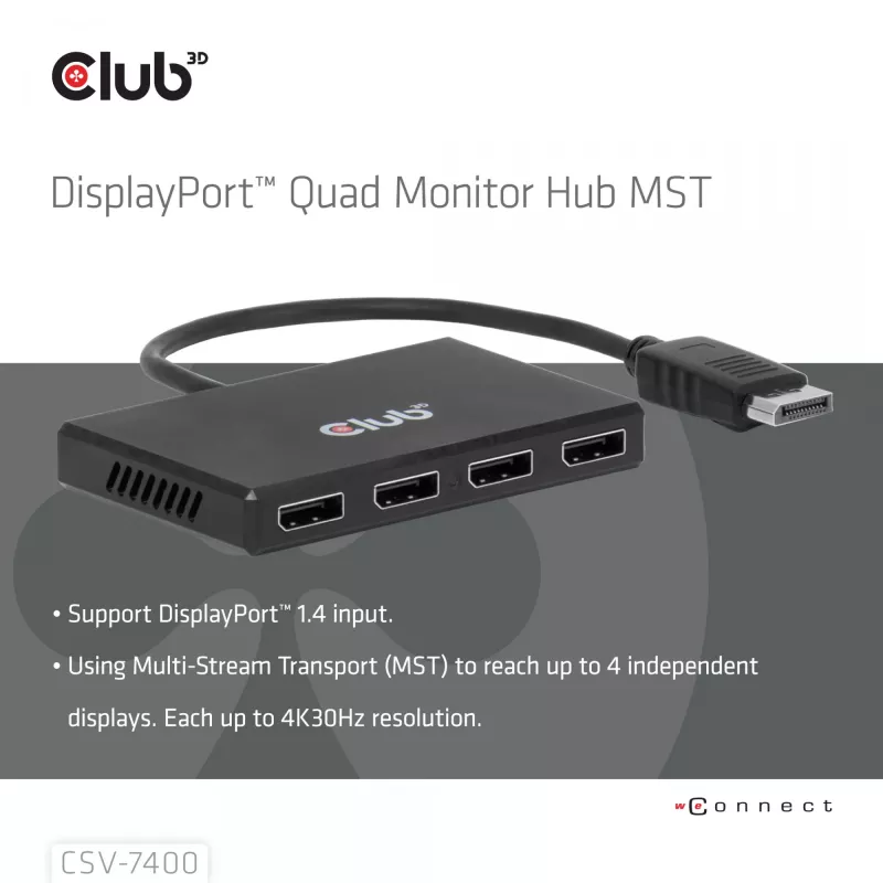 CLUB3D Quad DisplayPort™ hub – 4 x 4K rozlíšenie @ 30Hz, podpora MST