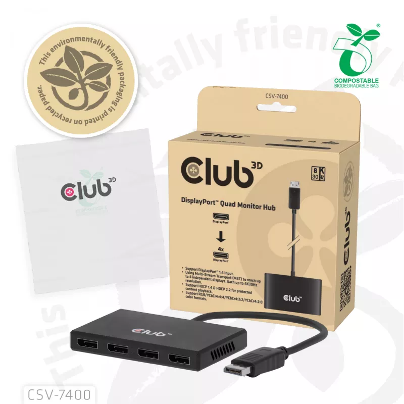CLUB3D Quad DisplayPort™ hub – 4 x 4K rozlíšenie @ 30Hz, podpora MST