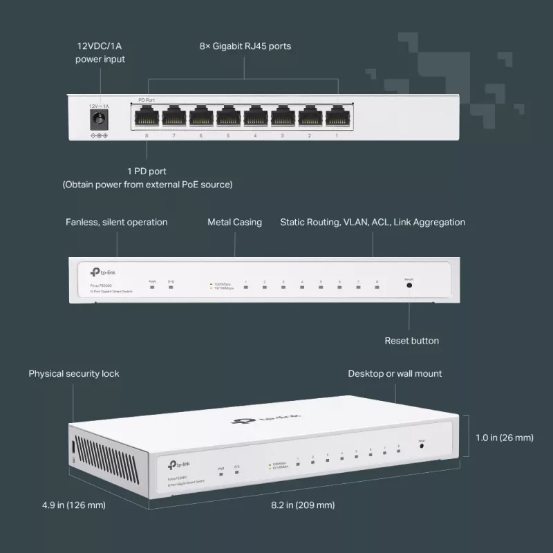 Riadený prepínač TP-Link Festa FS308G, 8 portov Gigabit, L2/L2+, biely