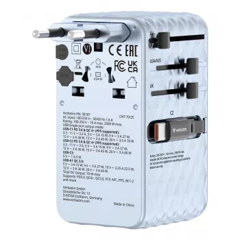 Verbatim Charge 'n' Travel 70W 2C retractable univerzálny cestovný adaptér modrá