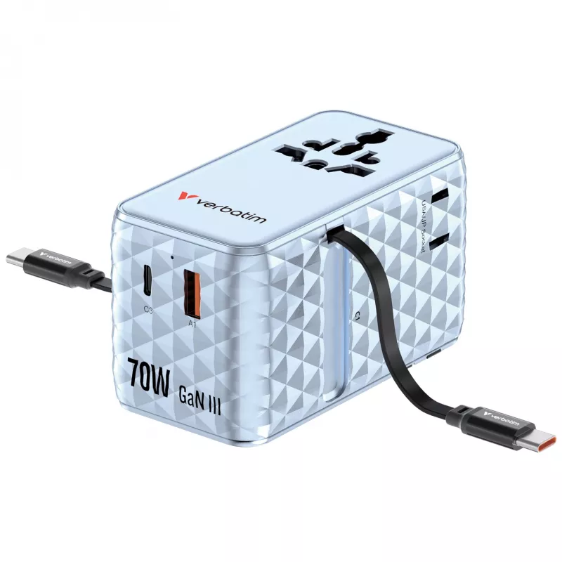 Verbatim Charge 'n' Travel 70W 2C retractable univerzálny cestovný adaptér modrá
