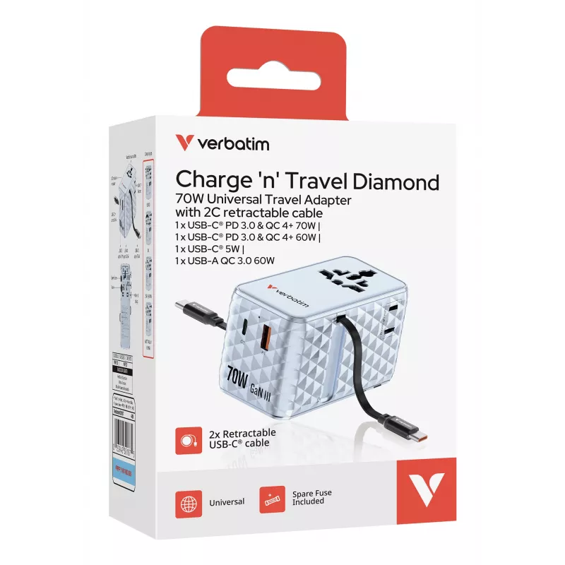 Verbatim Charge 'n' Travel 70W 2C retractable univerzálny cestovný adaptér modrá