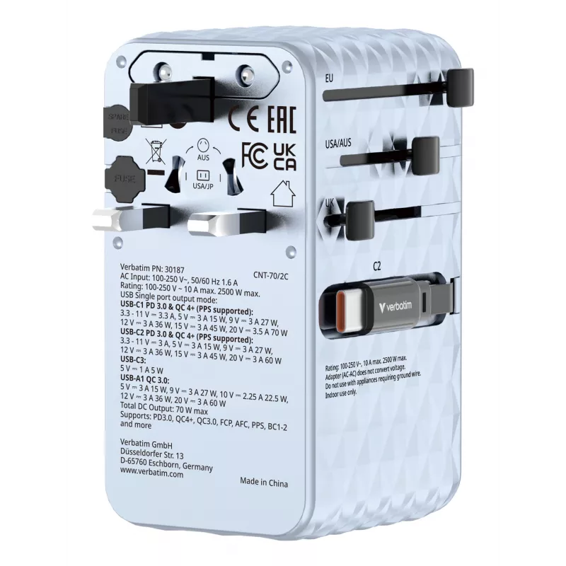 Verbatim Charge 'n' Travel 70W 2C retractable univerzálny cestovný adaptér modrá