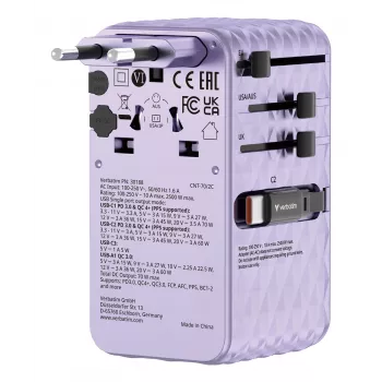 Verbatim Charge 'n' Travel 70W 2C retractable univerzálny cestovný adaptér Purple