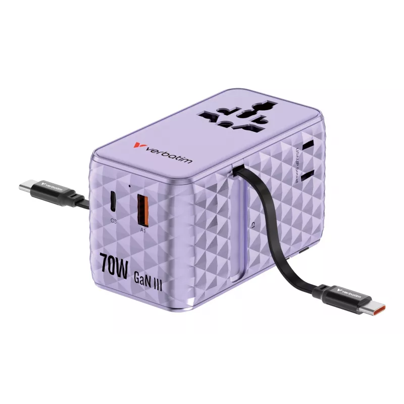 Verbatim Charge 'n' Travel 70W 2C retractable univerzálny cestovný adaptér Purple