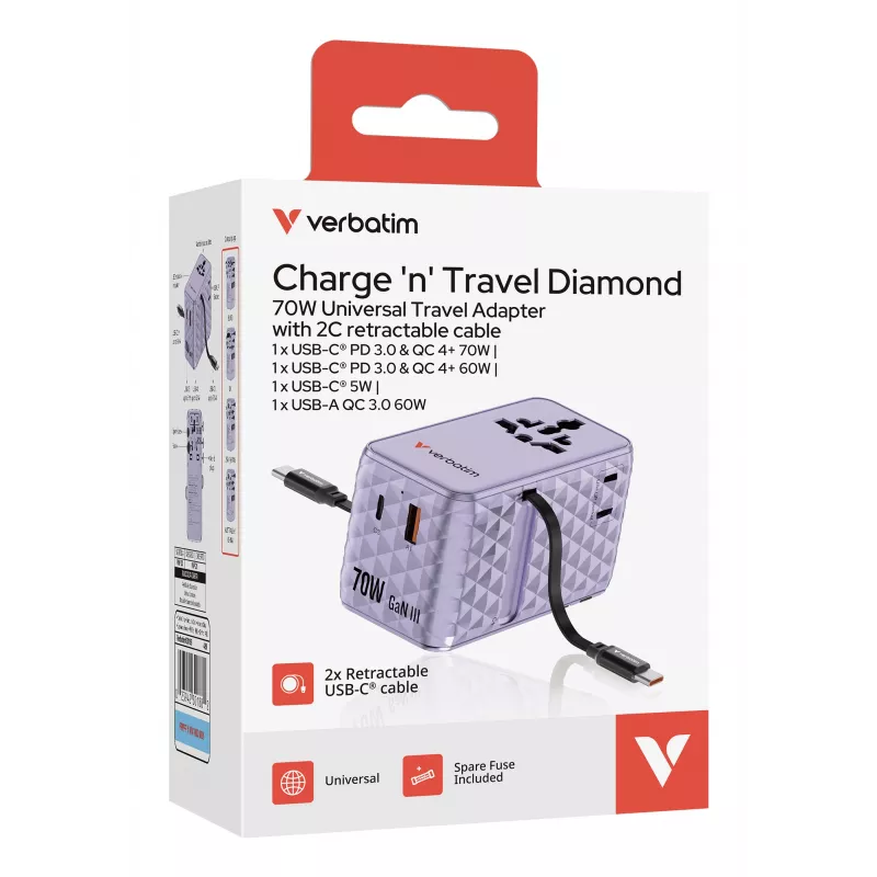 Verbatim Charge 'n' Travel 70W 2C retractable univerzálny cestovný adaptér Purple