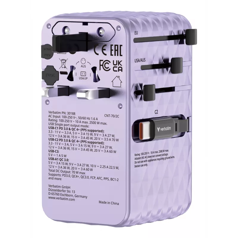 Verbatim Charge 'n' Travel 70W 2C retractable univerzálny cestovný adaptér Purple