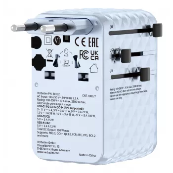 Verbatim Charge 'n' Travel 100W univerzálny cestovný adaptér s výsuvným káblom modrá
