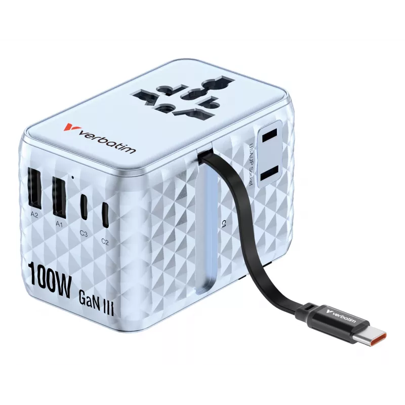 Verbatim Charge 'n' Travel 100W univerzálny cestovný adaptér s výsuvným káblom modrá