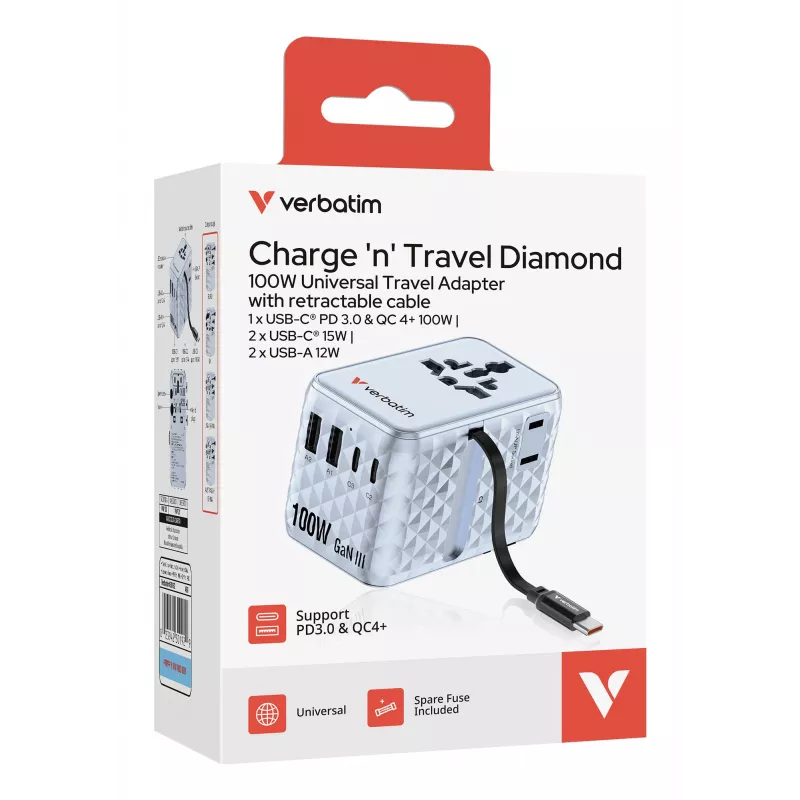 Verbatim Charge 'n' Travel 100W univerzálny cestovný adaptér s výsuvným káblom modrá