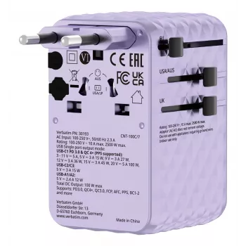 Verbatim Charge 'n' Travel 100W univerzálny cestovný adaptér s výsuvným káblom fialová