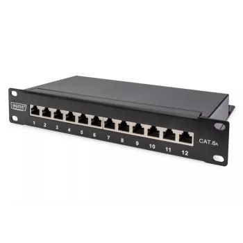 DIGITUS CAT6A patch panel, tienený, 12-port pole na označenie, 1U, 10 palcová racková montáž, čierna RAL 9005