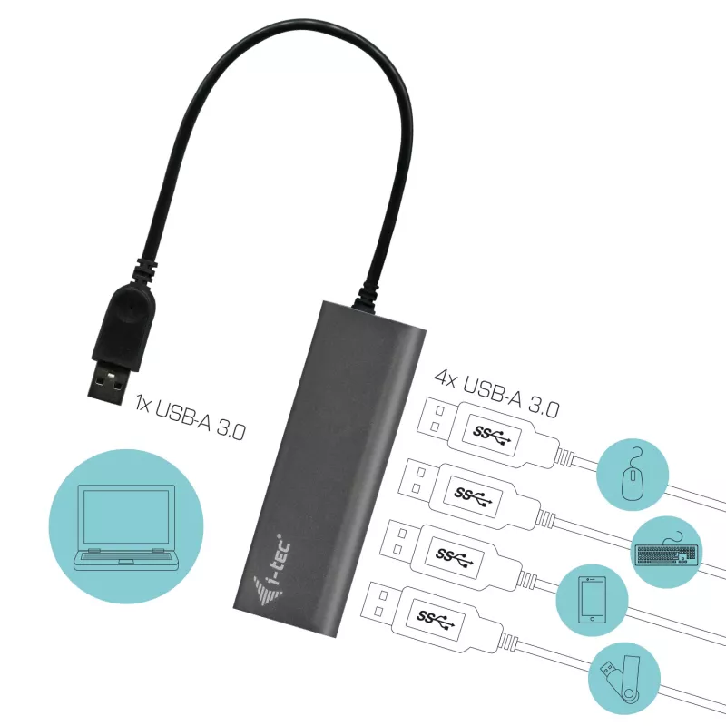 USB hub i-tec Metal Superspeed USB 3.0 4-port hub 5000 Mbit/s sivý