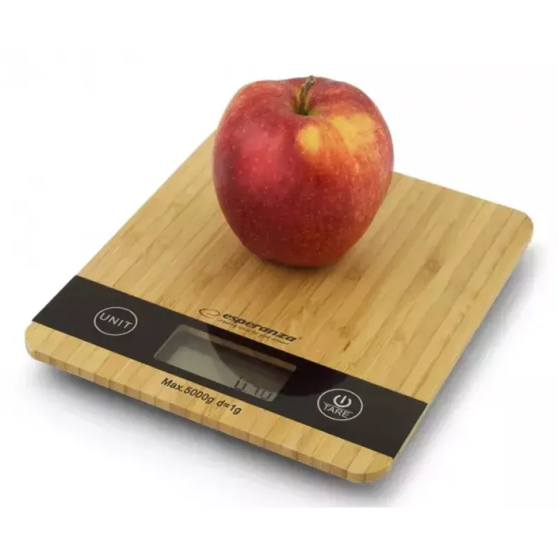 Elektronická kuchynská váha ESPERANZA EKS005 — kapacita 5 kg, presnosť 1 g, bambusová plošina