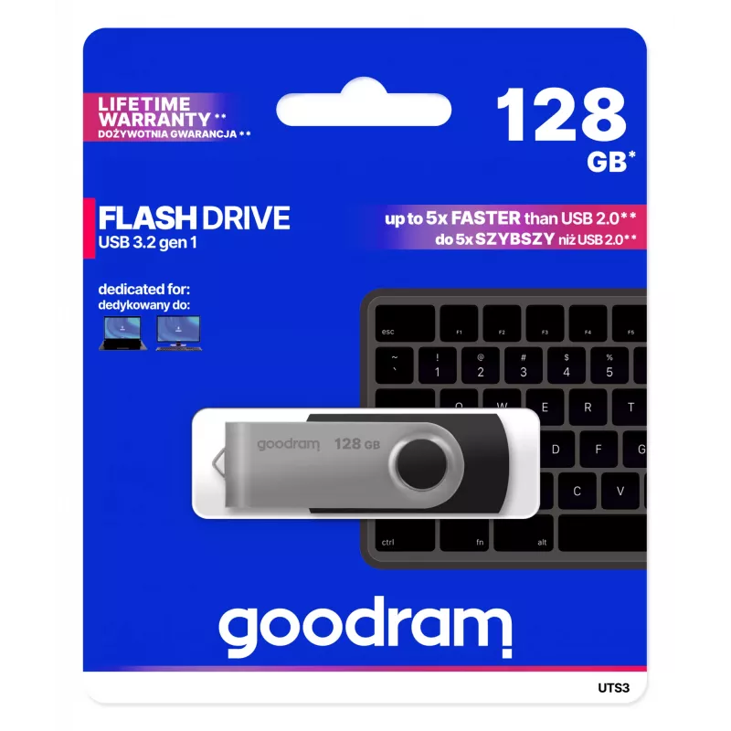 USB kľúč GOODRAM UTS3 128 GB USB Type-A 3.2 Gen 1, čierny, 60 MB/s čítanie, 20 MB/s zápis