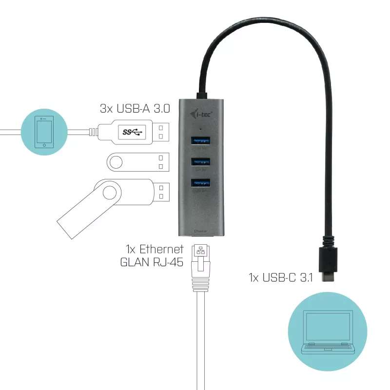 i-tec Metal USB-C HUB 3 porty + Gigabit Ethernet adaptér