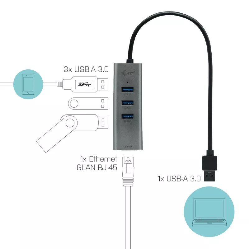 i-tec Metal USB 3.0 HUB 3 porty + Gigabit Ethernet adaptér