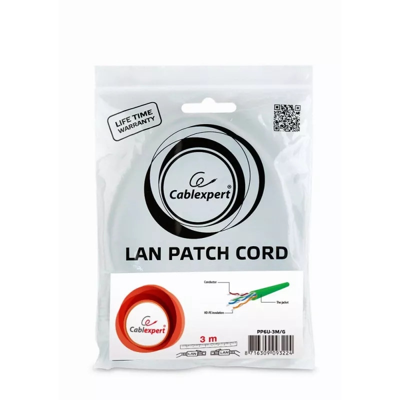 Sieťový kábel Gembird PP6U-3M RJ-45 Cat6 3 m zelený