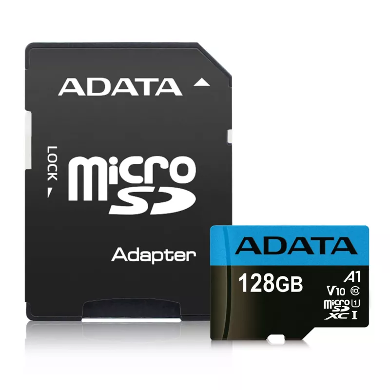 MicroSDXC Flash pamäť ADATA 128 GB UHS‑I Class 10 — 85 MB/s čítanie, 25 MB/s zápis, vodotesná, s SD adaptérom