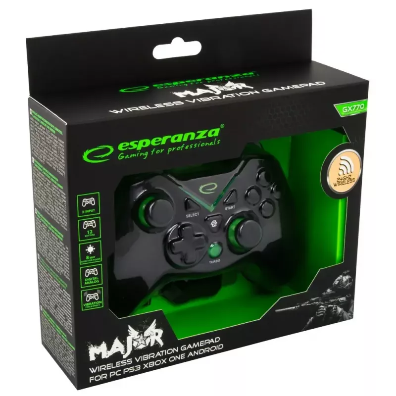 Bezdrôtový gamepad ESPERANZA EGG112K 2,4 GHz pre PC a PS3, USB prijímač, čierna, 12 tlačidiel, analógové páčky