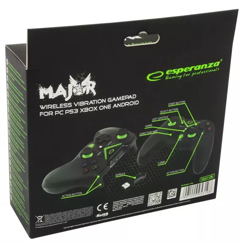 Bezdrôtový gamepad ESPERANZA EGG112K 2,4 GHz pre PC a PS3, USB prijímač, čierna, 12 tlačidiel, analógové páčky