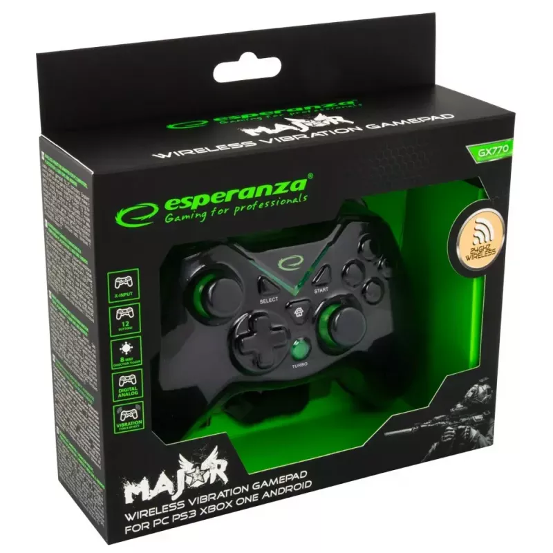 Bezdrôtový gamepad ESPERANZA EGG112K 2,4 GHz pre PC a PS3, USB prijímač, čierna, 12 tlačidiel, analógové páčky