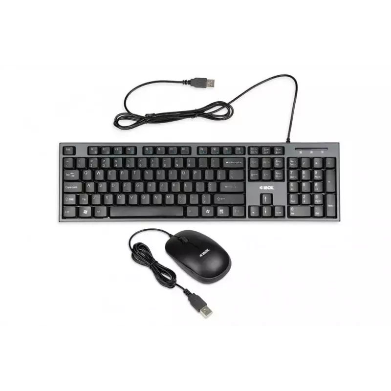 Káblová súprava klávesnice a myši IBOX IKMS606 — Full-Size-QWERTY-UK-anglická klávesnica, USB, čierna, myš 800 DPI